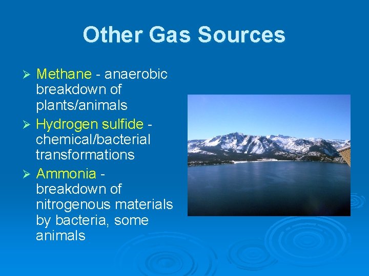 Other Gas Sources Methane - anaerobic breakdown of plants/animals Ø Hydrogen sulfide chemical/bacterial transformations