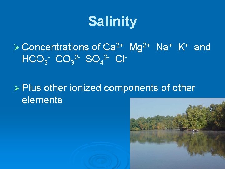 Salinity Ø Concentrations of Ca 2+ Mg 2+ Na+ K+ and HCO 3 -