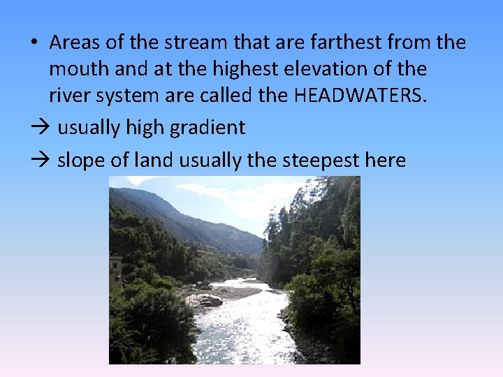  • Areas of the stream that are farthest from the mouth and at