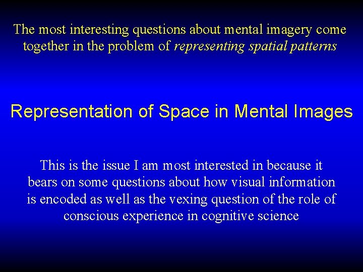 The most interesting questions about mental imagery come together in the problem of representing