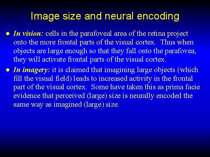 Image size and neural encoding ● In vision: cells in the parafoveal area of