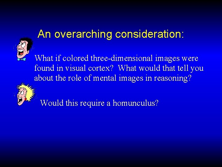 An overarching consideration: What if colored three-dimensional images were found in visual cortex? What