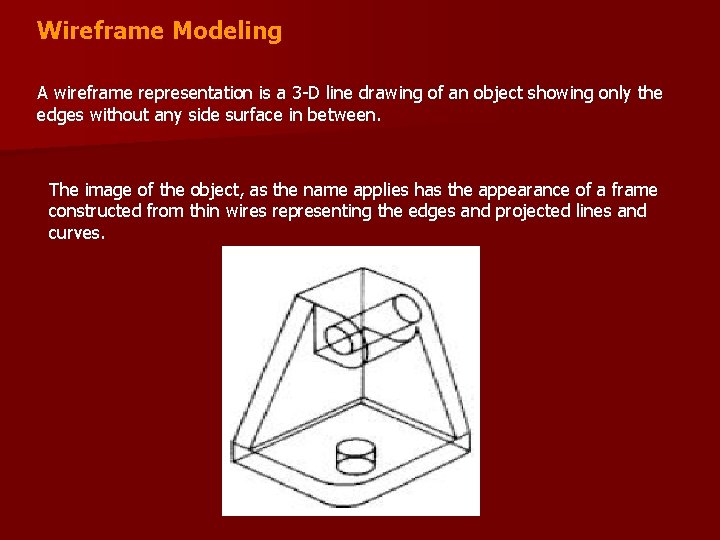 Wireframe Modeling A wireframe representation is a 3 -D line drawing of an object