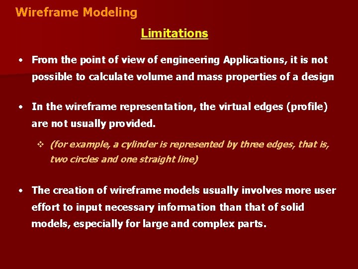 Wireframe Modeling Limitations • From the point of view of engineering Applications, it is