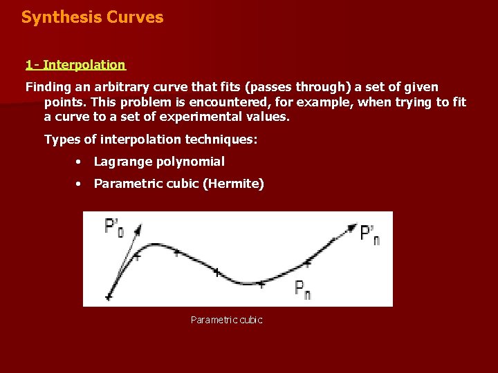 Synthesis Curves 1 - Interpolation Finding an arbitrary curve that fits (passes through) a
