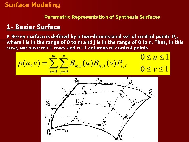 Surface Modeling Parametric Representation of Synthesis Surfaces 1 - Bezier Surface A Bezier surface