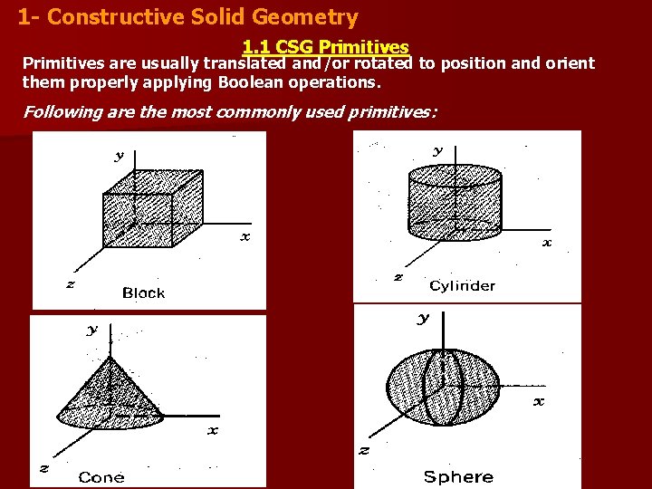 1 - Constructive Solid Geometry 1. 1 CSG Primitives are usually translated and/or rotated