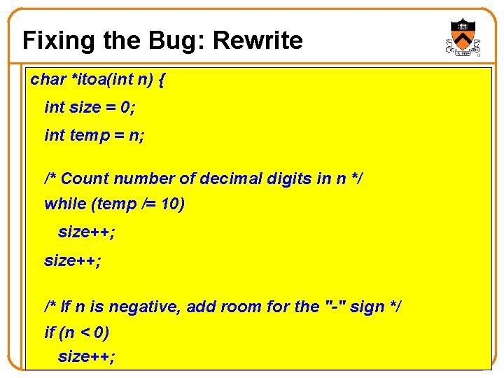 Fixing the Bug: Rewrite char *itoa(int n) { int size = 0; int temp