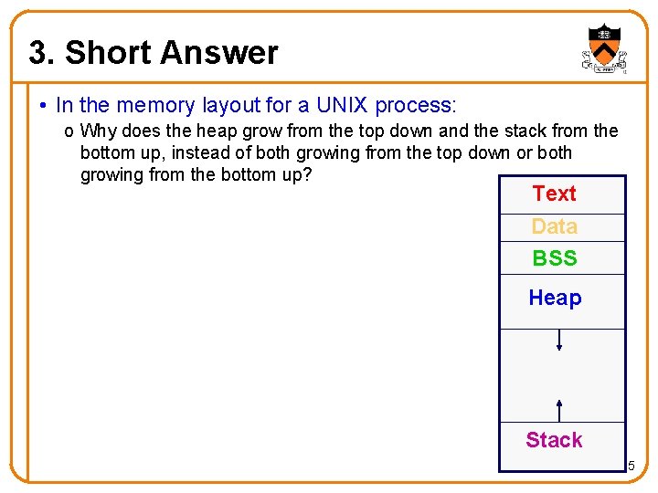 3. Short Answer • In the memory layout for a UNIX process: o Why