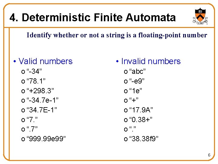 4. Deterministic Finite Automata Identify whether or not a string is a floating-point number