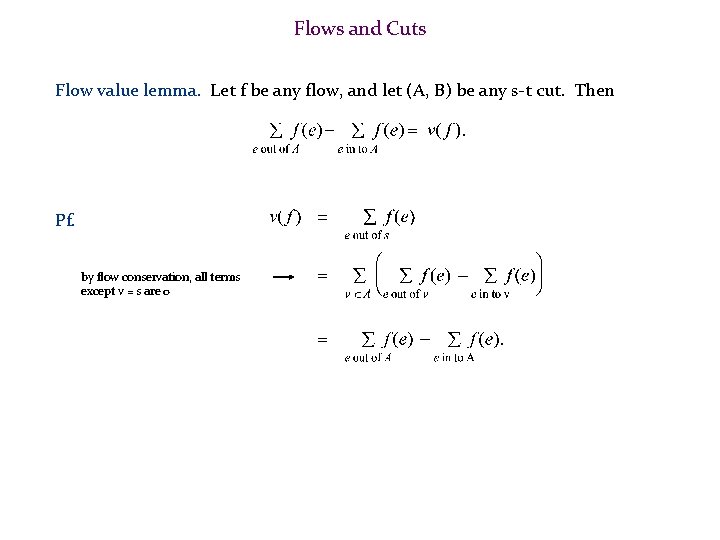 Flows and Cuts Flow value lemma. Let f be any flow, and let (A,