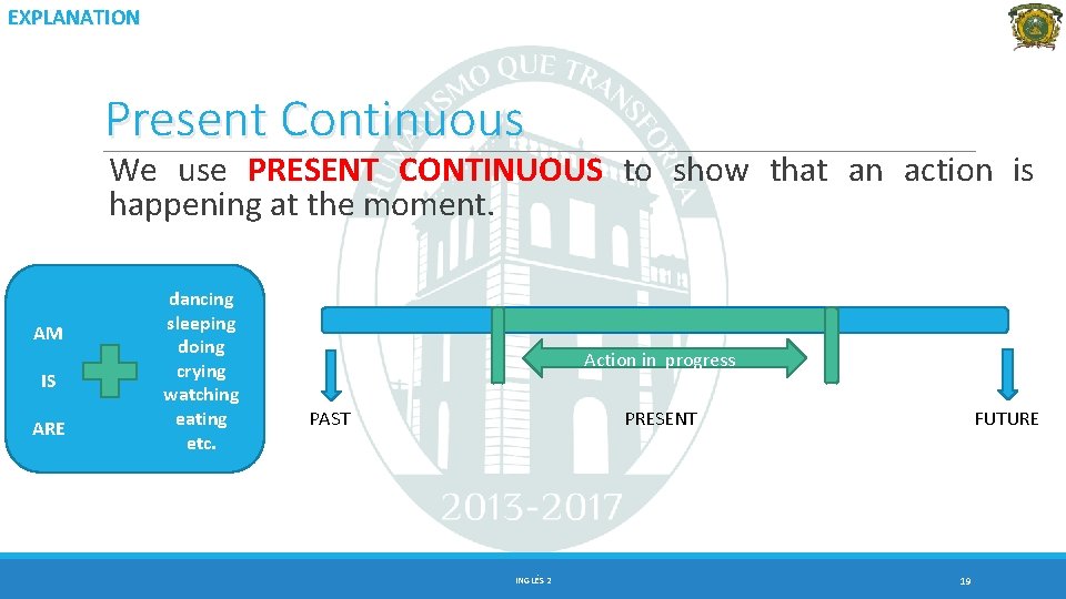 EXPLANATION Present Continuous We use PRESENT CONTINUOUS to show that an action is happening