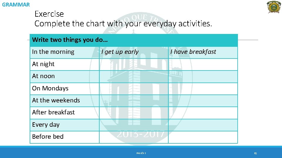 GRAMMAR Exercise Complete the chart with your everyday activities. Write two things you do…