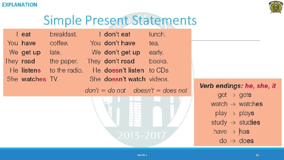 EXPLANATION Simple Present Statements INGLÉS 2 63 