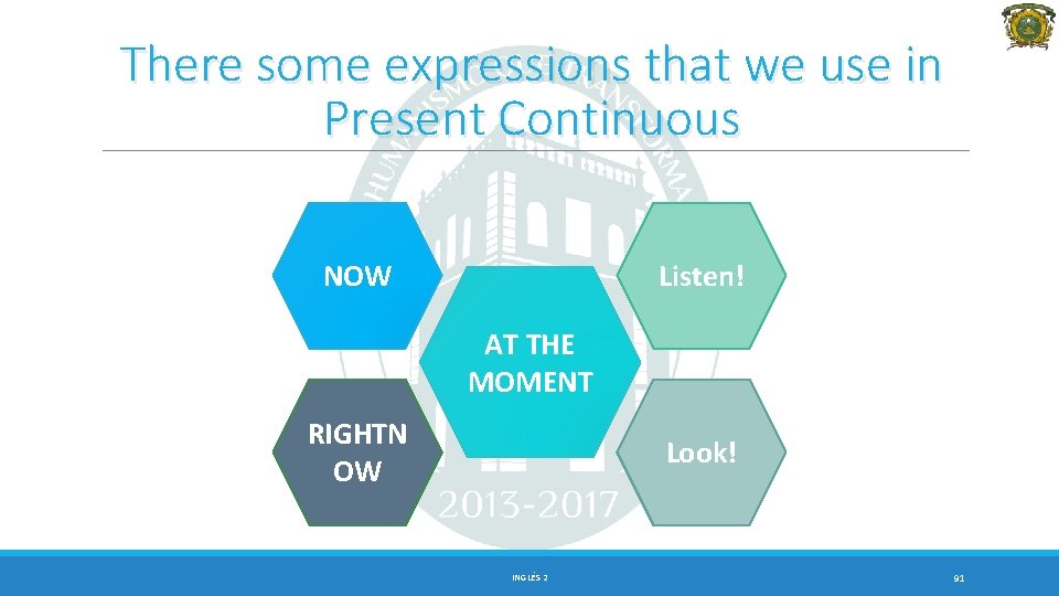 There some expressions that we use in Present Continuous NOW Listen! AT THE MOMENT