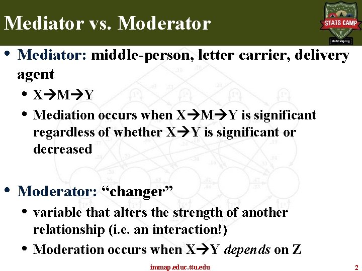 Mediator vs. Moderator • Mediator: middle-person, letter carrier, delivery agent • X M Y Mediator vs. Moderator • Mediator: middle-person, letter carrier, delivery agent • X M Y