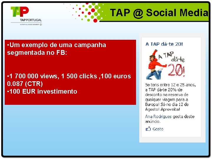  TAP @ Social Media • Um exemplo de uma campanha segmentada no FB: