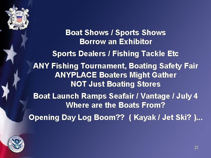 Boat Shows / Sports Shows Borrow an Exhibitor Sports Dealers / Fishing Tackle Etc