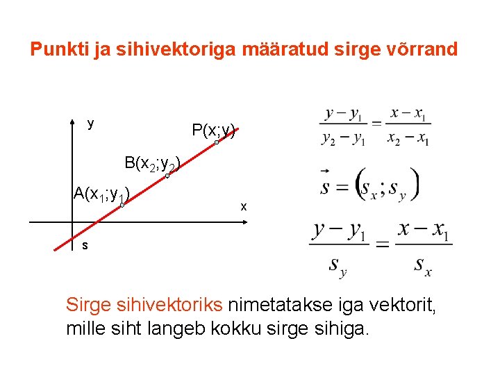 Punkti ja sihivektoriga määratud sirge võrrand y P(x; y) B(x 2; y 2) A(x