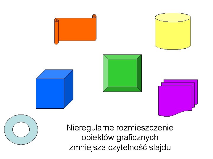 Nieregularne rozmieszczenie obiektów graficznych zmniejsza czytelność slajdu 