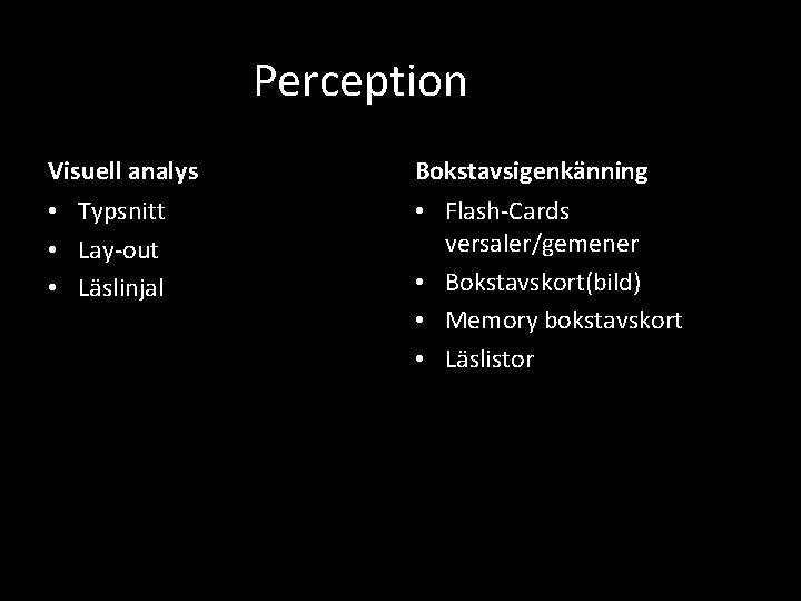 Perception Visuell analys Bokstavsigenkänning • Typsnitt • Lay-out • Läslinjal • Flash-Cards versaler/gemener •