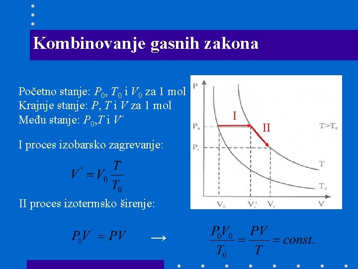 Kombinovanje gasnih zakona Početno stanje: P 0, T 0 i V 0 za 1