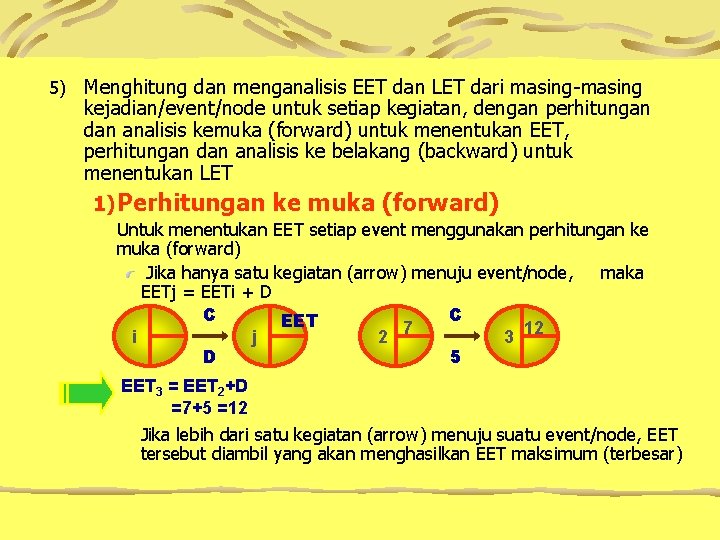 5) Menghitung dan menganalisis EET dan LET dari masing-masing kejadian/event/node untuk setiap kegiatan, dengan