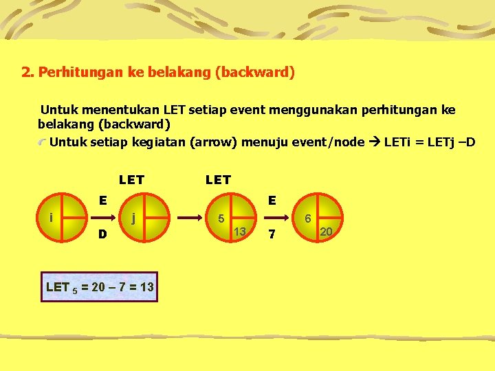 2. Perhitungan ke belakang (backward) Untuk menentukan LET setiap event menggunakan perhitungan ke belakang