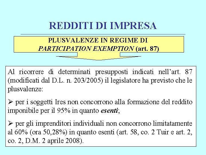 REDDITI DI IMPRESA ________________________________________________________________________ PLUSVALENZE IN REGIME DI PARTICIPATION EXEMPTION (art. 87) Al ricorrere