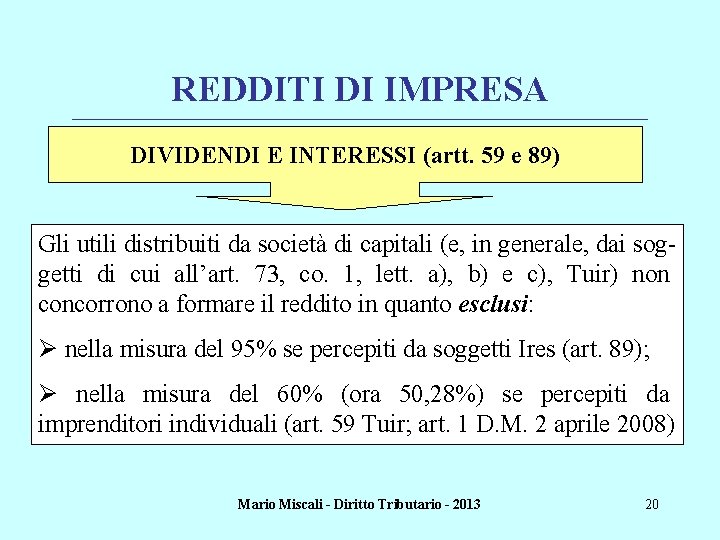 REDDITI DI IMPRESA ________________________________________________________________________ DIVIDENDI E INTERESSI (artt. 59 e 89) Gli utili distribuiti