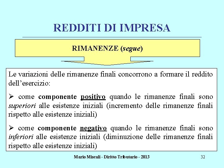 REDDITI DI IMPRESA ________________________________________________________________________ RIMANENZE (segue) Le variazioni delle rimanenze finali concorrono a formare