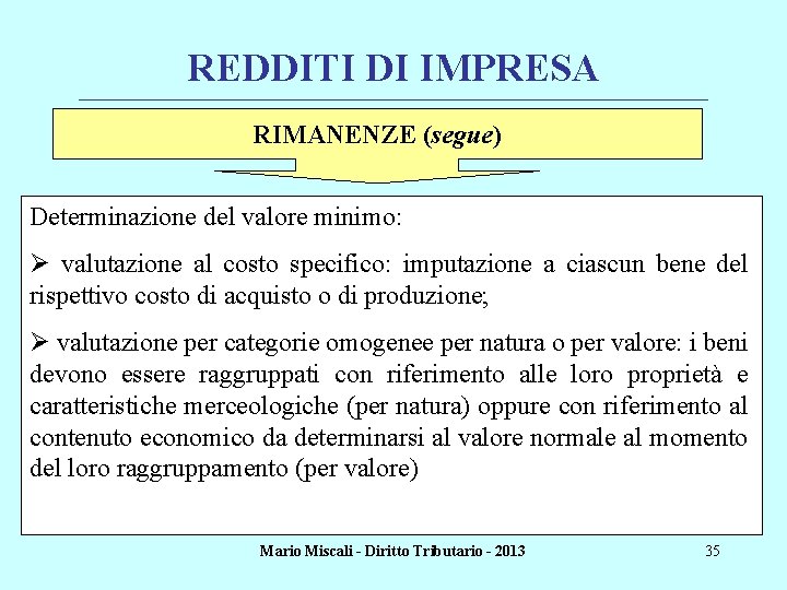 REDDITI DI IMPRESA ________________________________________________________________________ RIMANENZE (segue) Determinazione del valore minimo: Ø valutazione al costo