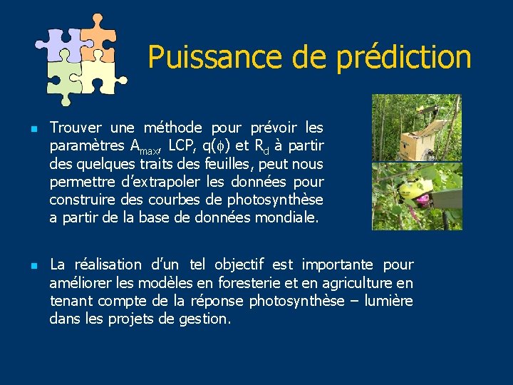 Puissance de prédiction n n Trouver une méthode pour prévoir les paramètres Amax, LCP,