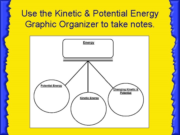 Use the Kinetic & Potential Energy Graphic Organizer to take notes. Use the Kinetic & Potential Energy Graphic Organizer to take notes.
