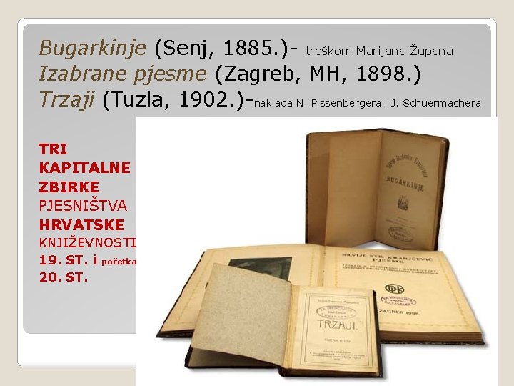 Bugarkinje (Senj, 1885. )- troškom Marijana Župana Izabrane pjesme (Zagreb, MH, 1898. ) Trzaji