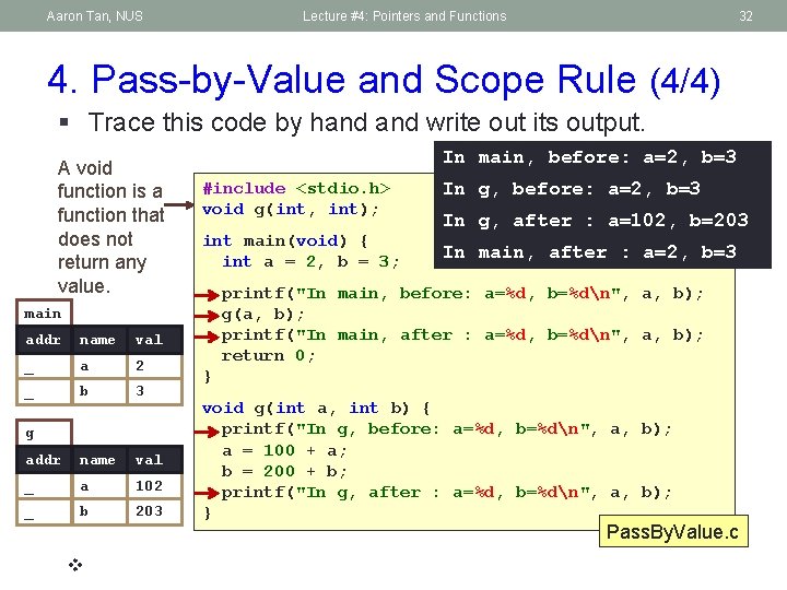 Aaron Tan, NUS Lecture #4: Pointers and Functions 32 4. Pass-by-Value and Scope Rule