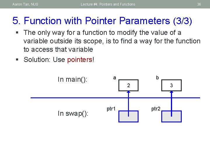 Aaron Tan, NUS Lecture #4: Pointers and Functions 36 5. Function with Pointer Parameters