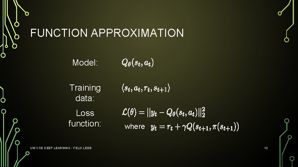 FUNCTION APPROXIMATION Model: Training data: Loss function: UW CSE DEEP LEARNING - FELIX LEEB