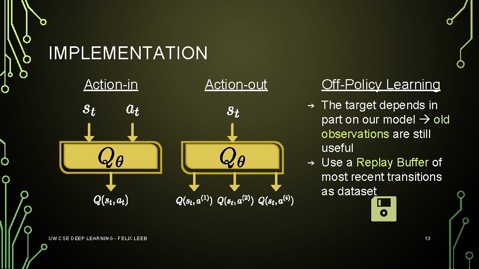 IMPLEMENTATION Action-in UW CSE DEEP LEARNING - FELIX LEEB Action-out Off-Policy Learning → The