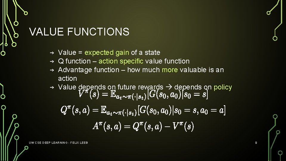 VALUE FUNCTIONS → Value = expected gain of a state → Q function –
