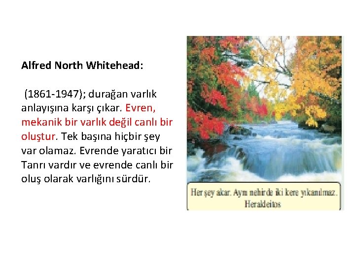 Alfred North Whitehead: (1861 -1947); durağan varlık anlayışına karşı çıkar. Evren, mekanik bir varlık