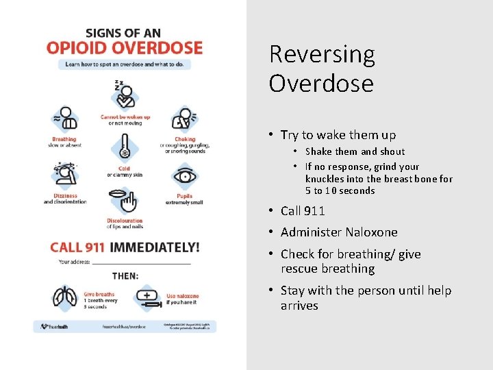 Reversing Overdose • Try to wake them up • Shake them and shout •