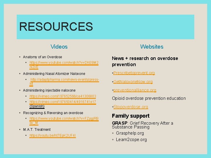 RESOURCES Videos ◦ Anatomy of an Overdose ◦ https: //www. youtube. com/watch? v=Dh. S