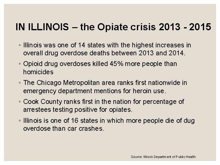 IN ILLINOIS – the Opiate crisis 2013 - 2015 ◦ Illinois was one of