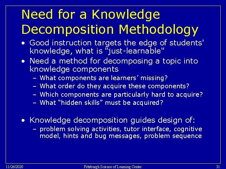 Need for a Knowledge Decomposition Methodology • Good instruction targets the edge of students'