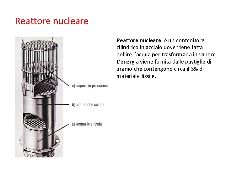 Reattore nucleare: è un contenitore cilindrico in acciaio dove viene fatta bollire l’acqua per