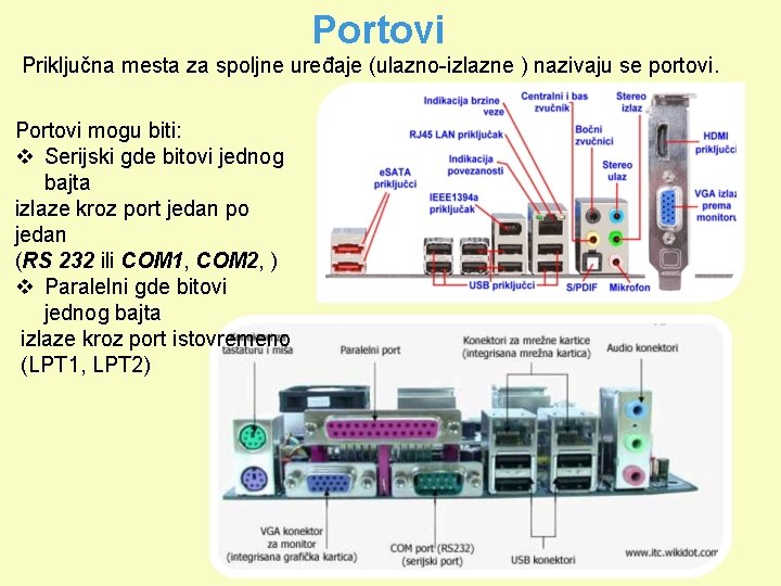 Portovi Priključna mesta za spoljne uređaje (ulazno-izlazne ) nazivaju se portovi. Portovi mogu biti: