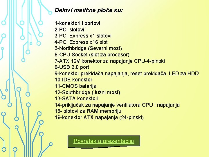 Delovi matične ploče su: 1 -konektori i portovi 2 -PCI slotovi 3 -PCI Express