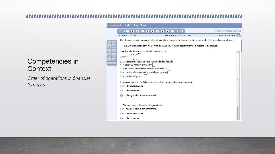 Competencies in Context Order of operations in financial formulas 