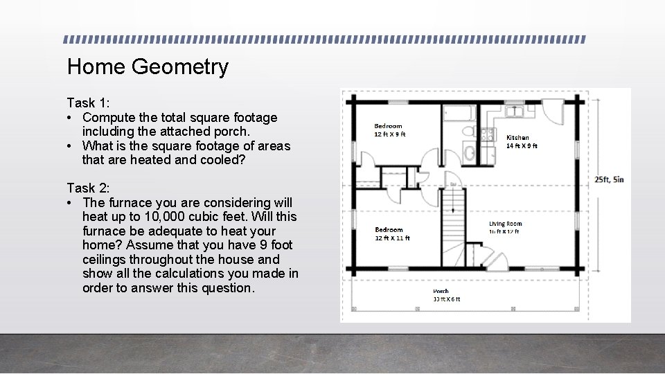 Home Geometry Task 1: • Compute the total square footage including the attached porch.